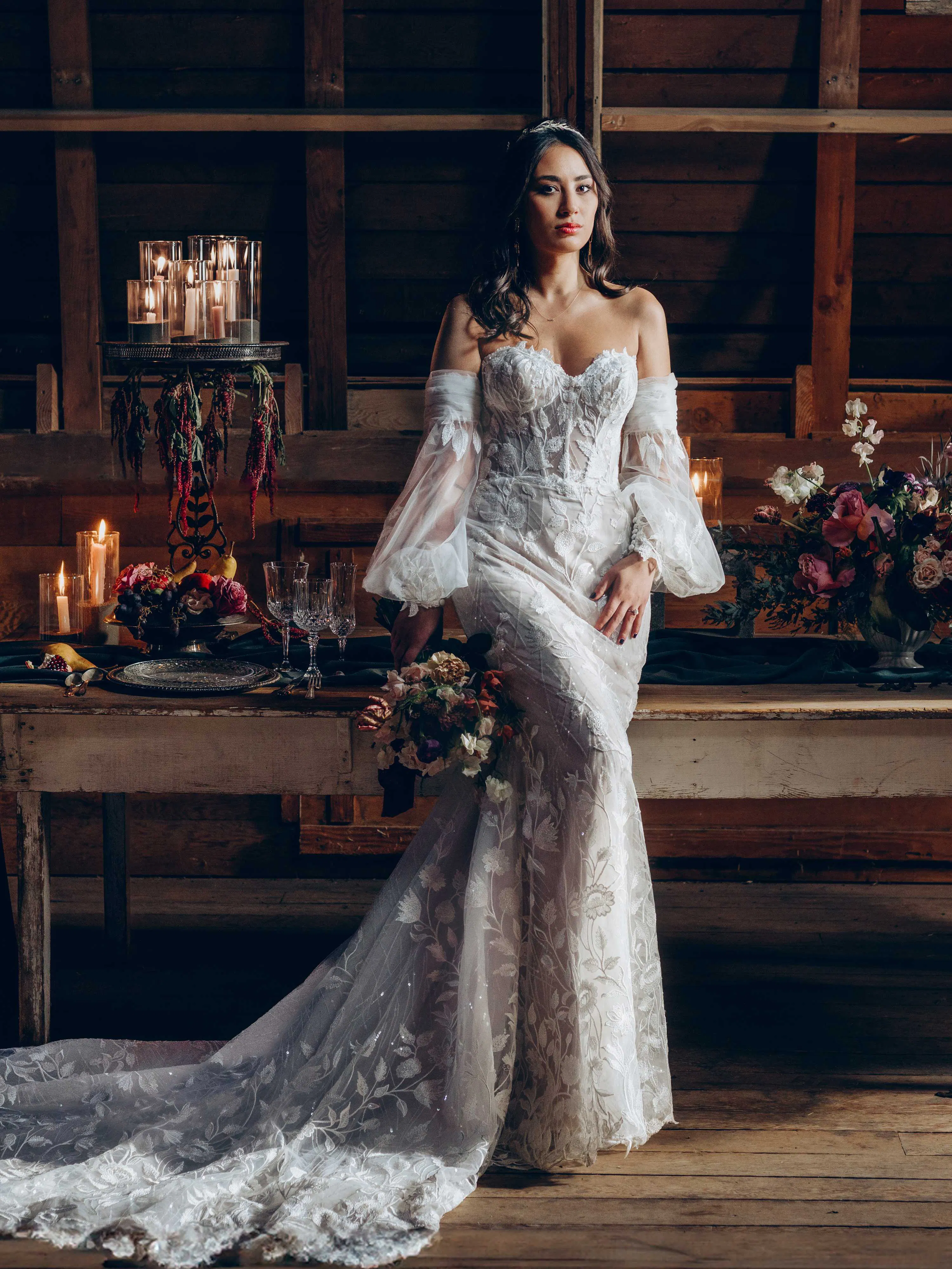Maggie Sottero Fairchild front view romantic sequin lace bridal gown with long sleeves