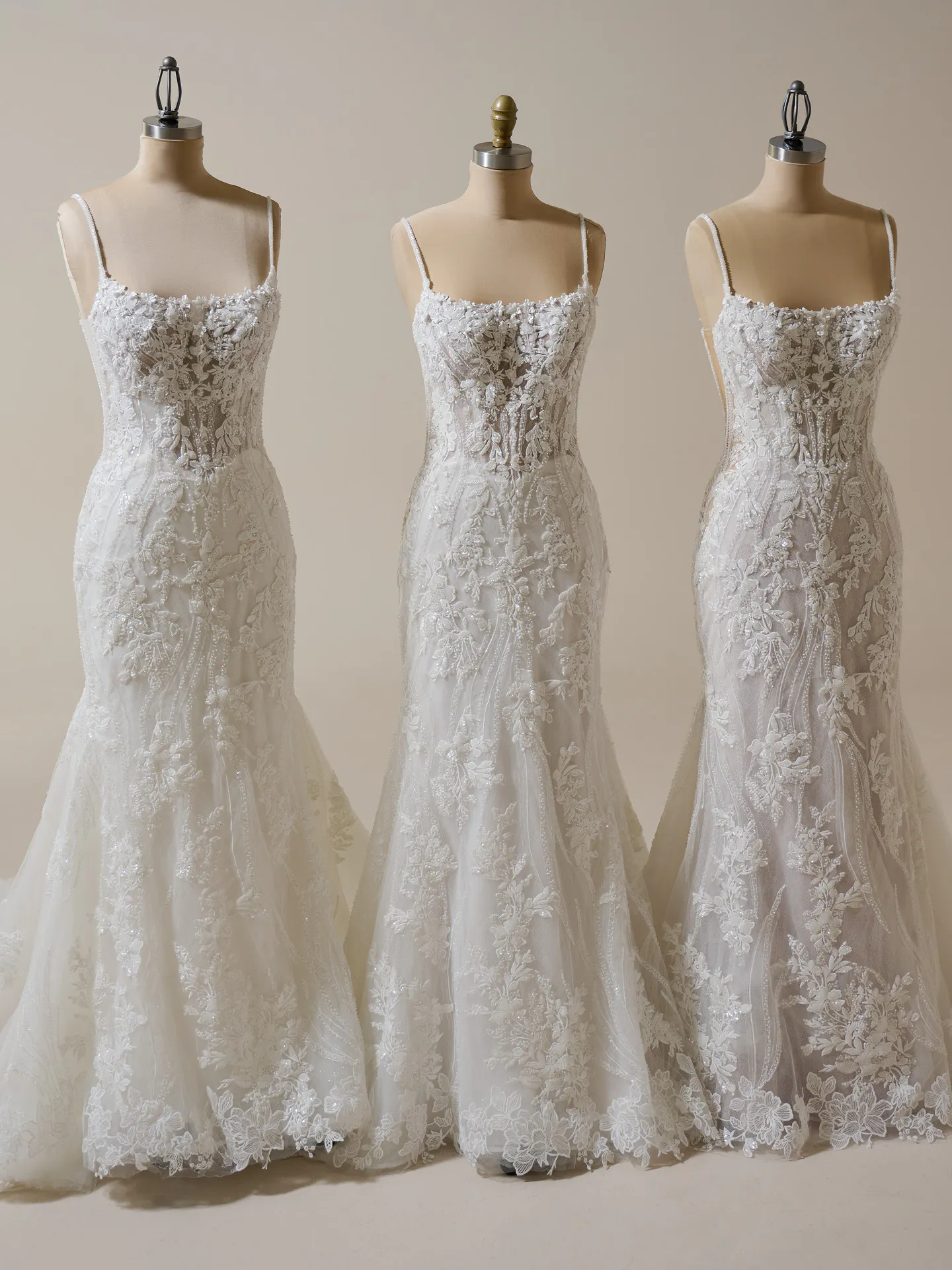 Sottero and Midgley Lina square neck mermaid bridal gown with hip dips, front view on mannequins