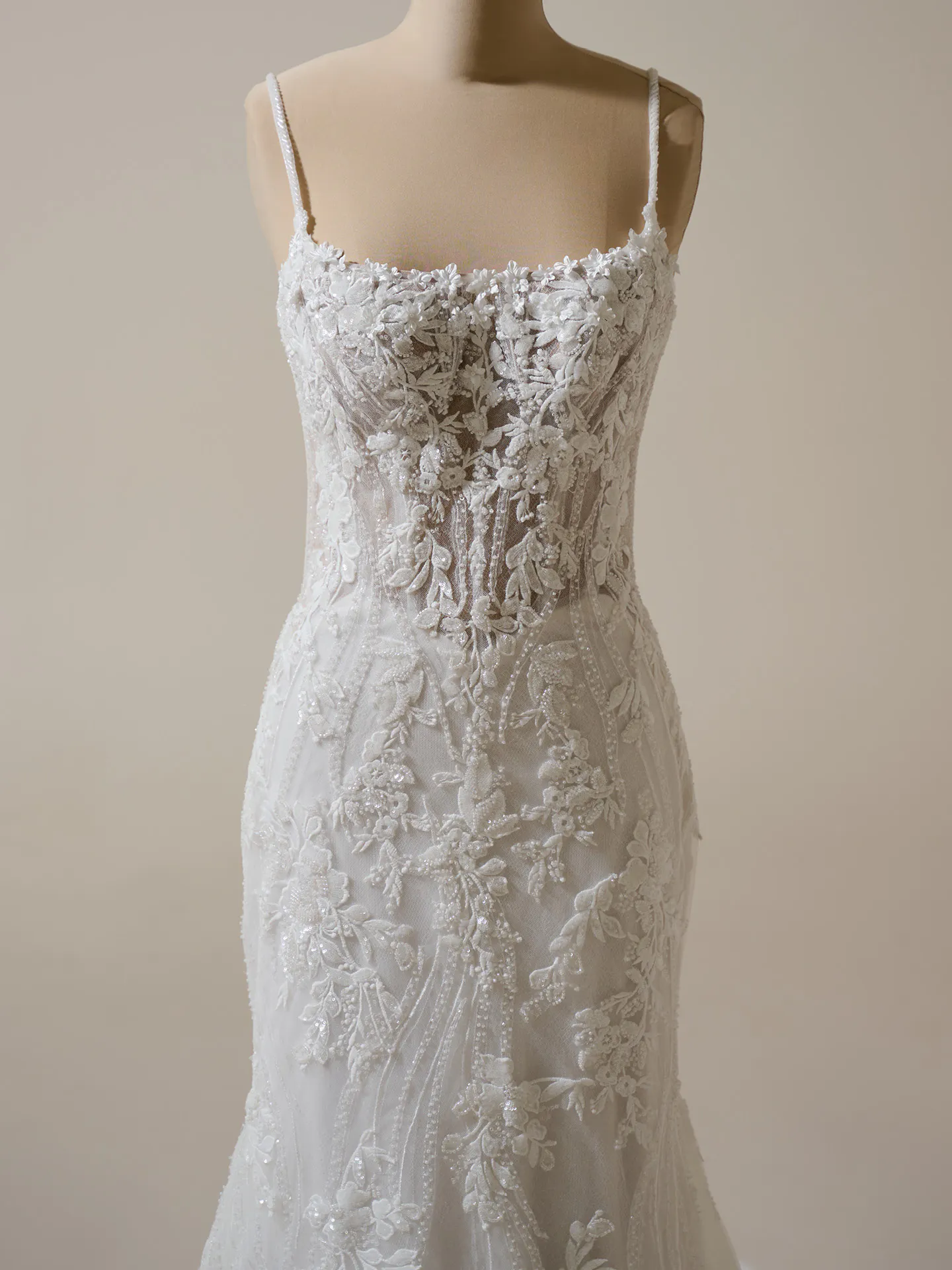 Sottero and Midgley Lina front view, lace detail, square neck mermaid wedding dress.