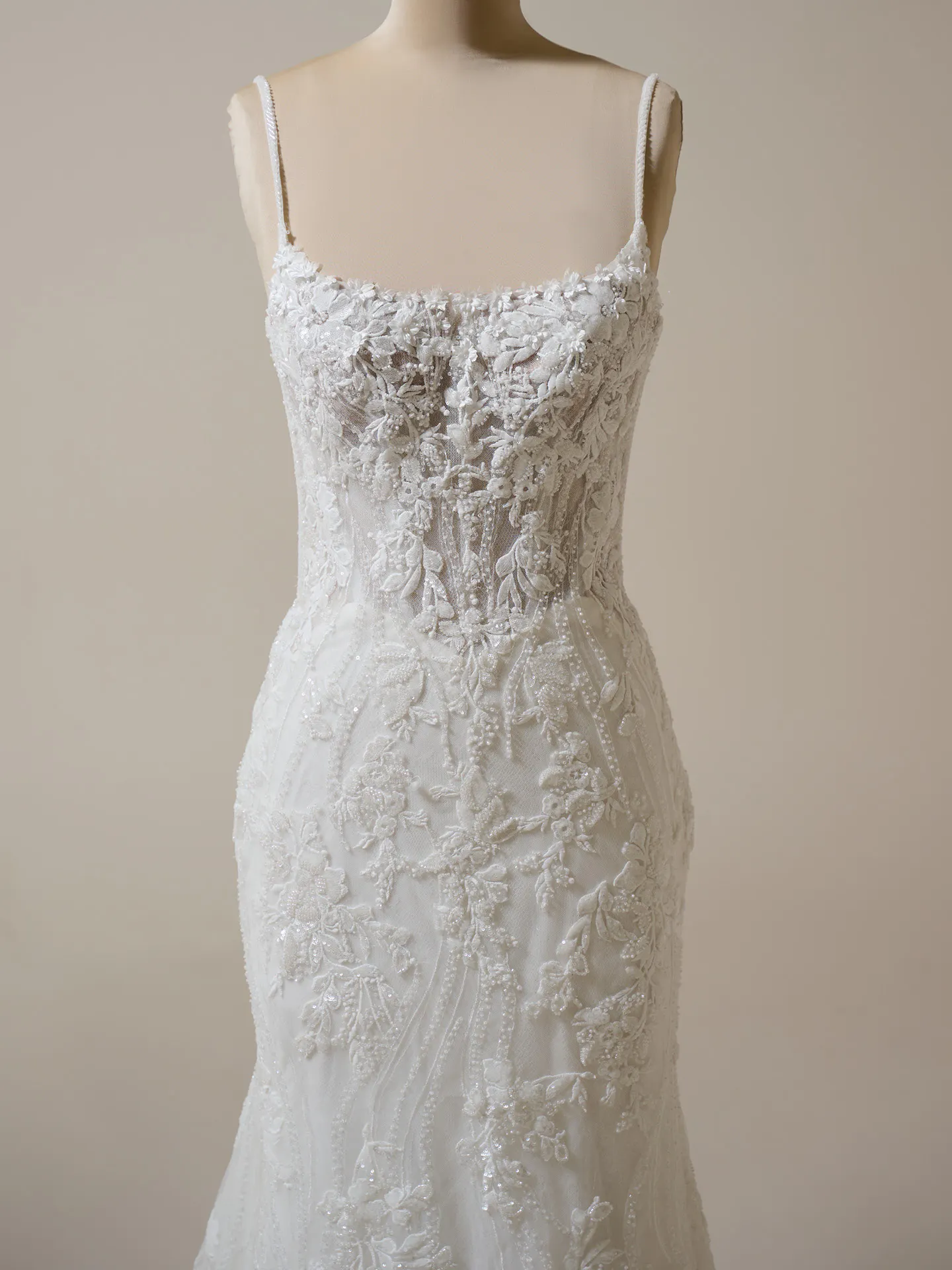 Sottero and Midgley Lina front view detail of lace mermaid gown with square neck.