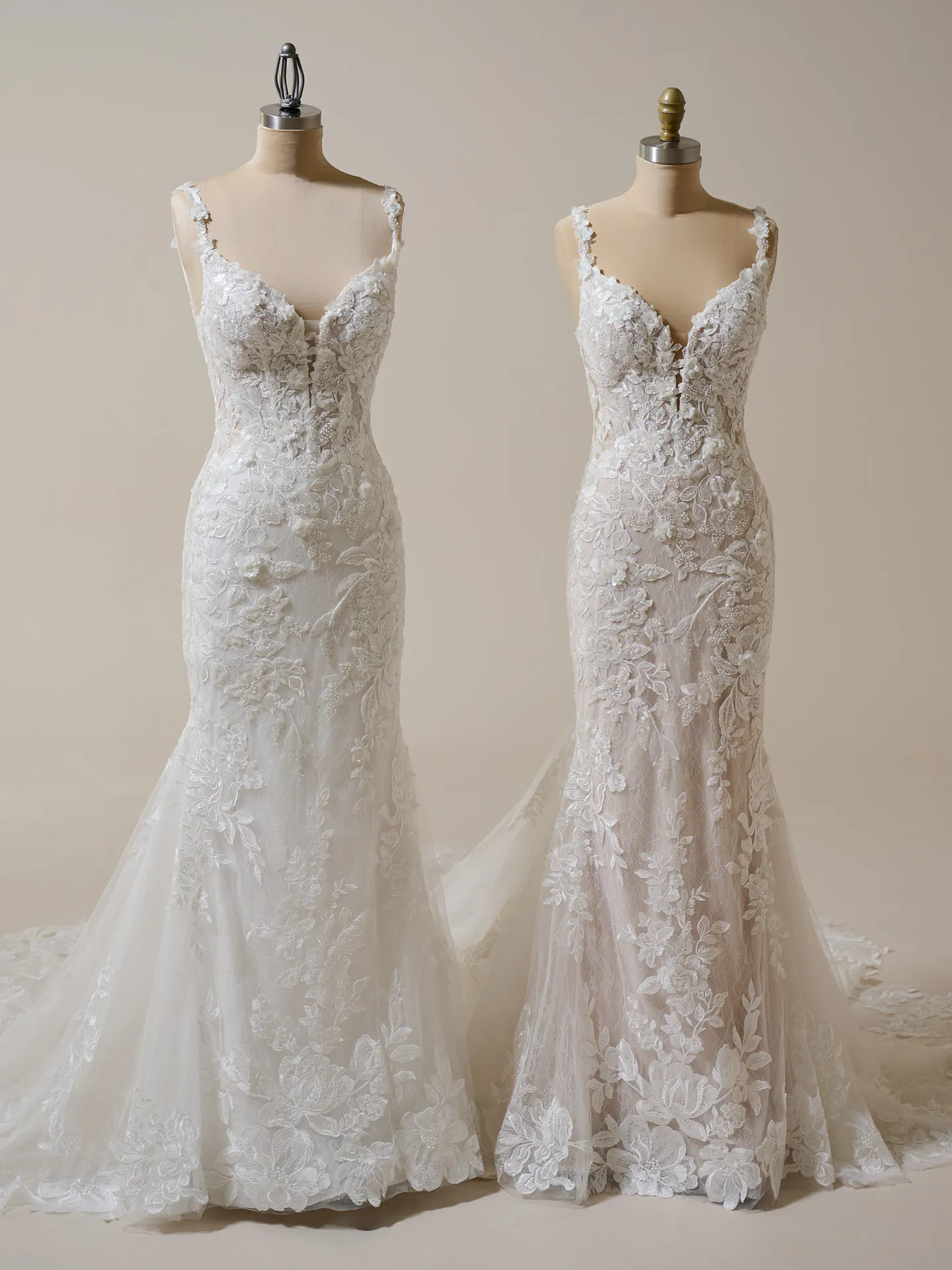 Sottero and Midgley Adrian lace keyhole mermaid gowns front view on mannequins.