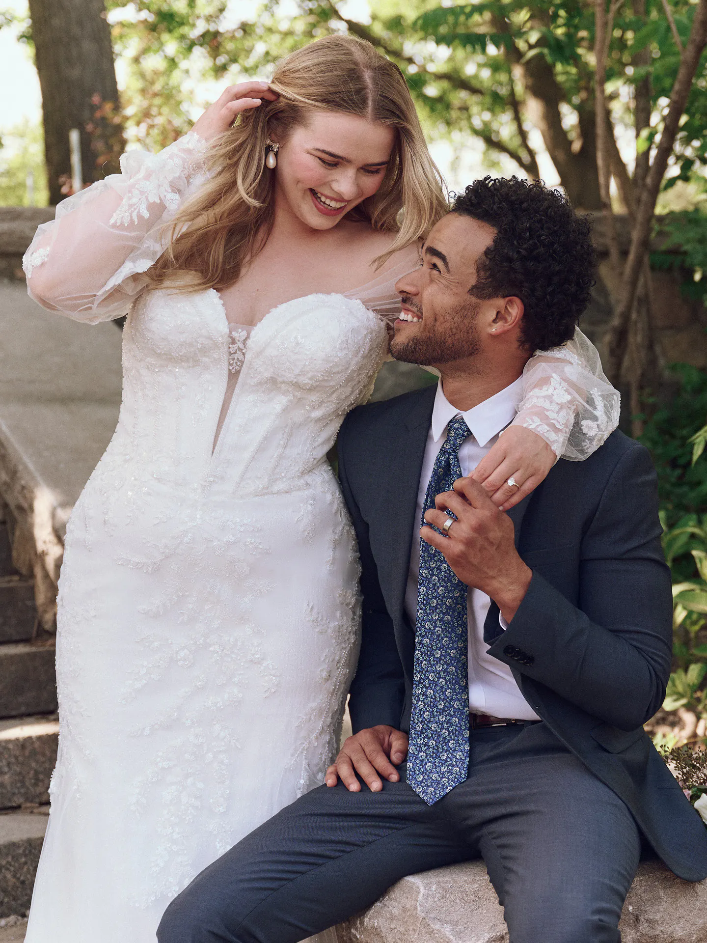Maggie Sottero Benjie sequin lace mermaid bridal dress with sheer sleeves front view