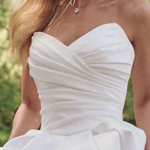 Maggie Sottero Aubrielle front view, textured satin ball gown, corset detail