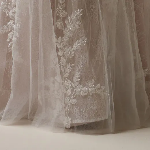 Benjie sequin lace detail in soft focus, Maggie Sottero mermaid dress fabric.