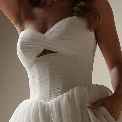 Evan pleated keyhole ball gown front view Maggie Sottero