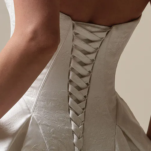 Maggie Sottero Fortune Marie back view, lace-up detail, jacquard princess ball gown.