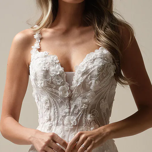 Hunter A-line wedding dress with floral lace, front view, Maggie Sottero.