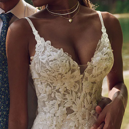 Maggie Sottero Jerrica floral lace bodice, close-up front view.