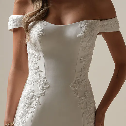 Loreen satin scoop fit-and-flare dress front view Maggie Sottero