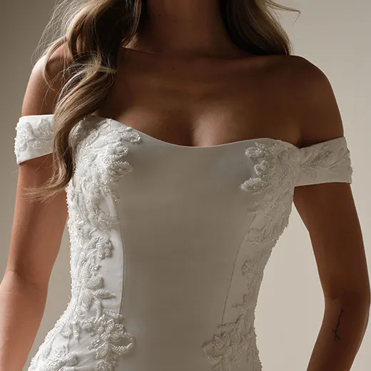 Maggie Sottero Loreen front view satin scoop fit-and-flare bridal dress with floral lace.
