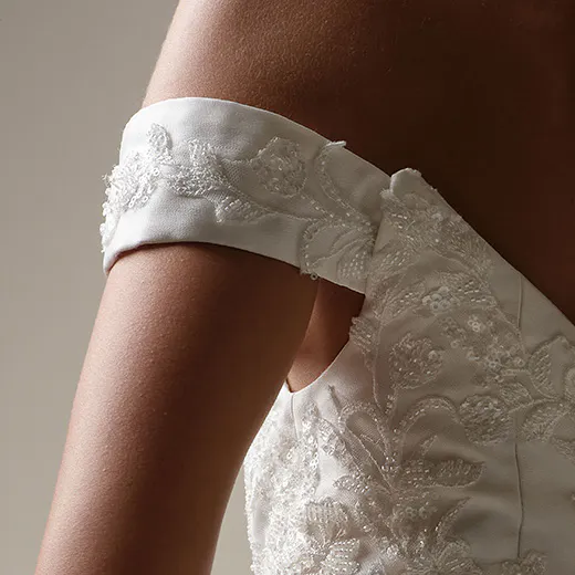 Loreen fit-and-flare dress shoulder detail, satin with floral embroidery, Maggie Sottero