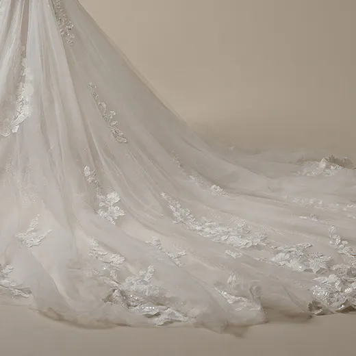 Reese backless floral lace mermaid wedding dress back view with long train