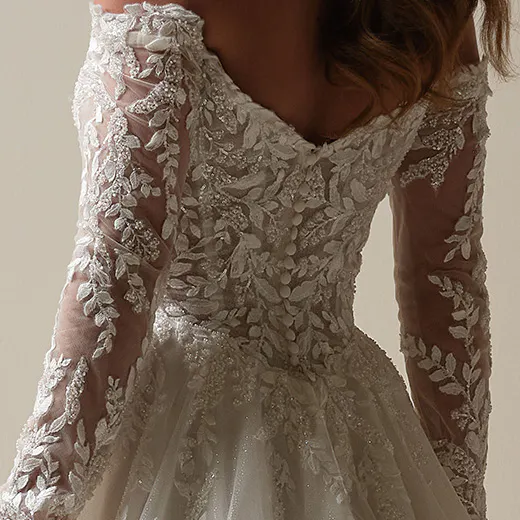 Rita back view, off-shoulder beaded lace, Maggie Sottero A-line gown