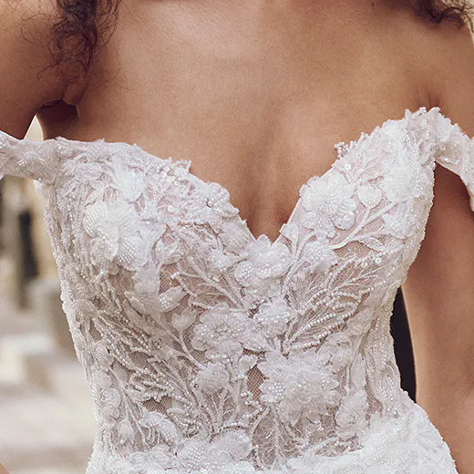 Maggie Sottero Adeline front view off-shoulder lace sheath dress close-up