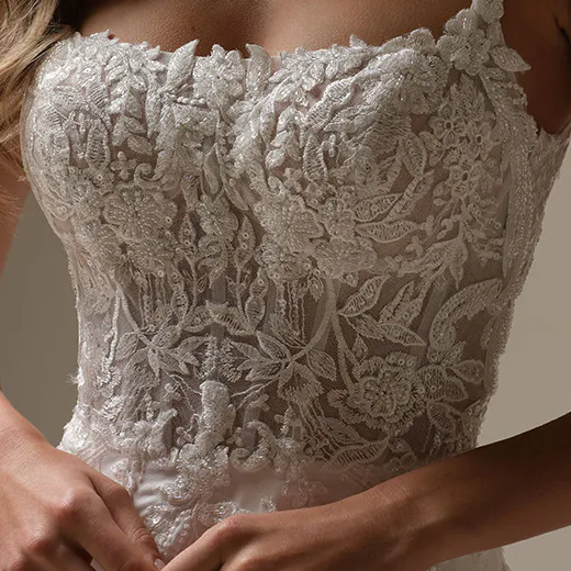 Avery chiffon lace detail front view Maggie Sottero gown