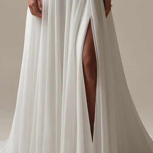 Maggie Sottero Cory side view. Chiffon A-line wedding dress with slit.