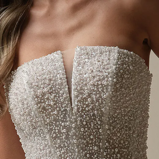 Maggie Sottero Heyda beaded pearl satin sheath front view