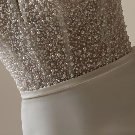 Heyda beaded pearl satin sheath detail Maggie Sottero