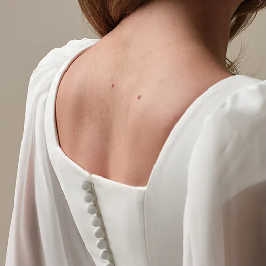 Jorie back view, button detail, square neckline, Maggie Sottero sheath bridal gown