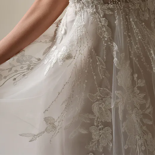 Rebecca Ingram Maple beaded pearl V-neck A-line gown detailed embroidery side view