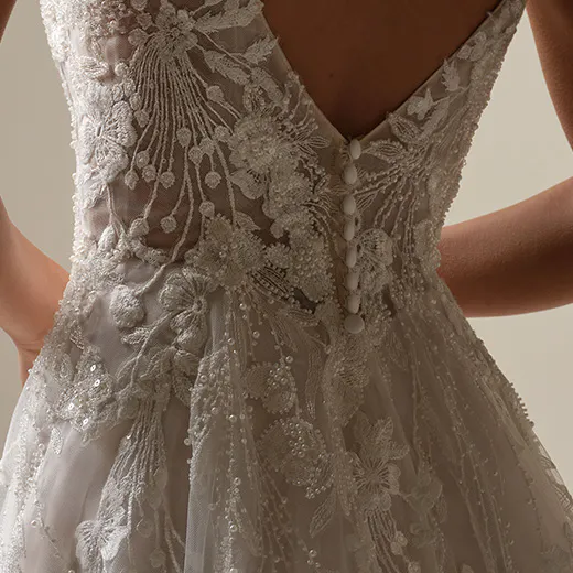 Rebecca Ingram Maple back view, beaded lace V-neck A-line bridal gown