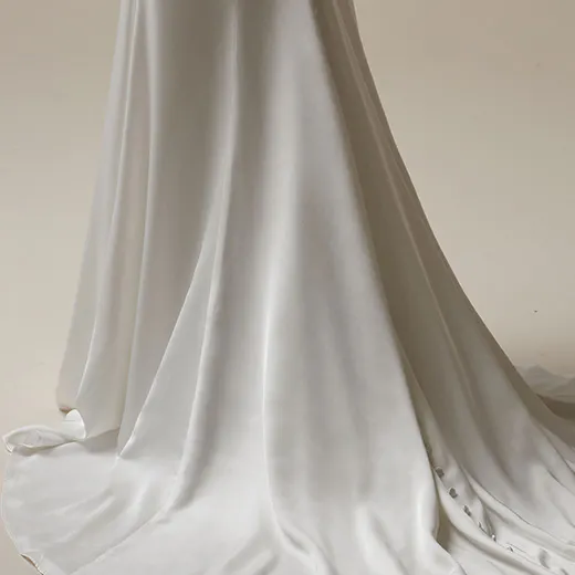 Maggie Sottero Tommie gown back view, satin sheath with button detail