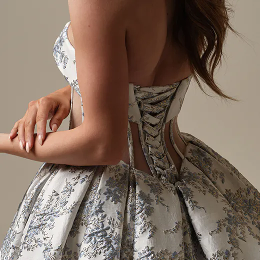 Sottero and Midgley Aberdeen blue floral gown, back view.