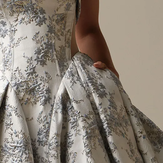 Sottero and Midgley Aberdeen side view blue floral jacquard ball gown dress.