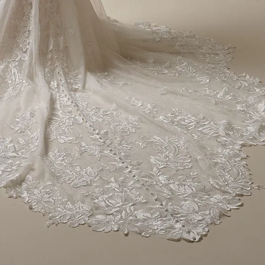 Sottero and Midgley Adrian lace train detail, illusion lace keyhole mermaid gown.