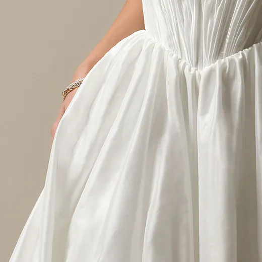Maggie Sottero Lafayette ruched taffeta ruffle dress close-up view