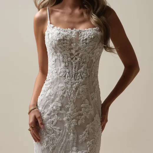 Sottero and Midgley Lina front view, square neck mermaid gown with lace details