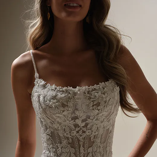 Lina square neck mermaid bridal gown front view with lace detail | Sottero and Midgley