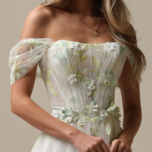 Maggie Sottero A-line gown with floral design, front view