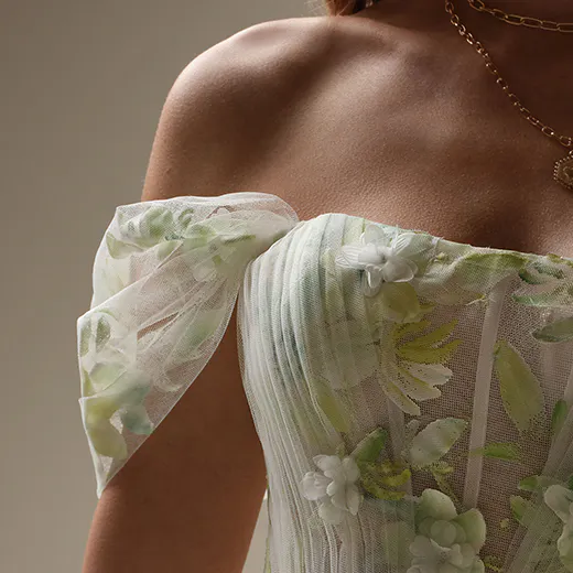 Vineyard Hand Painted Floral A-line dress by Maggie Sottero, front view, detailed floral bodice.