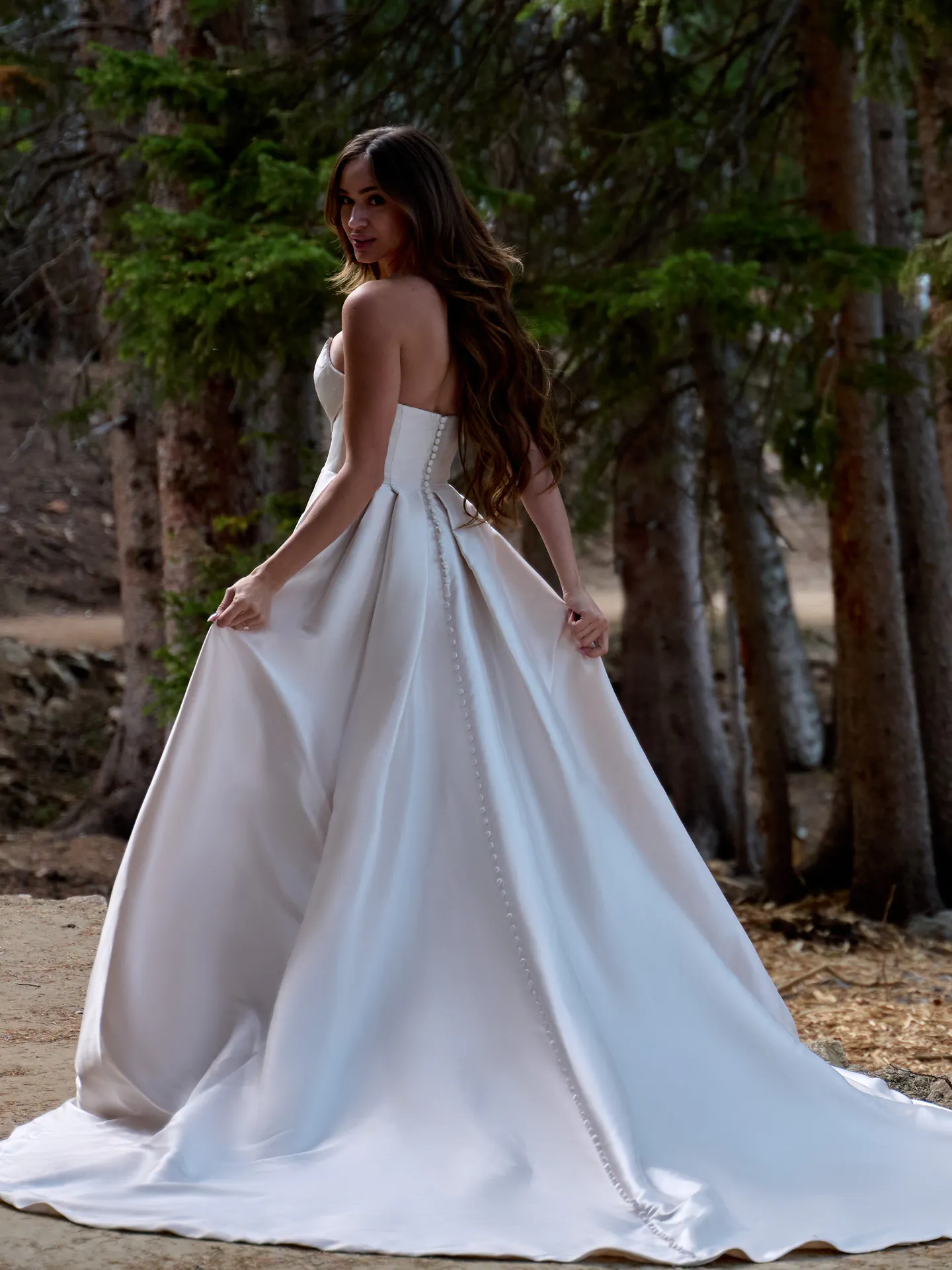 Sottero and Midgley Aspen A-line dress back view in forest setting