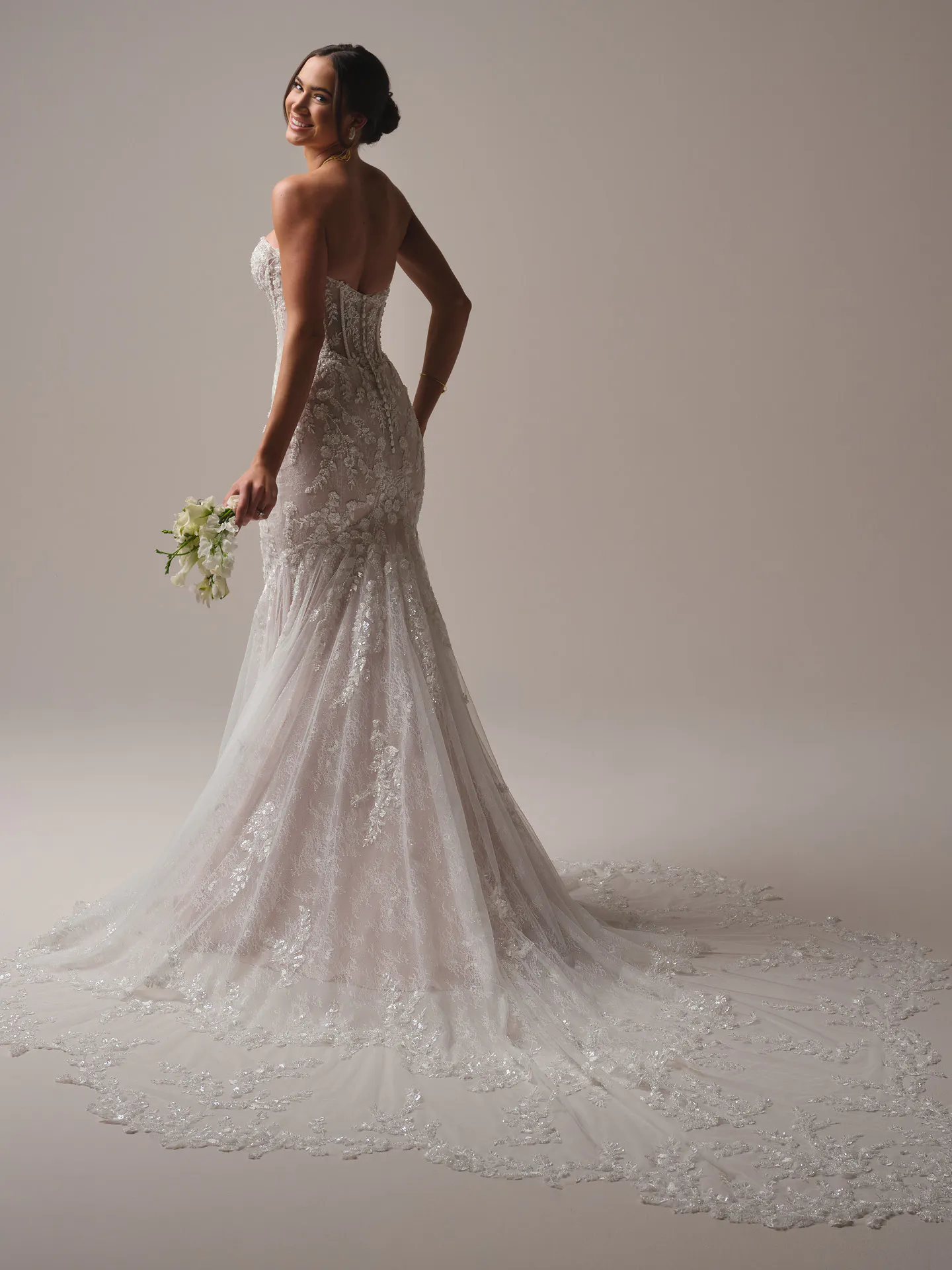 Maggie Sottero Benjie Royale back view lace mermaid wedding dress with train