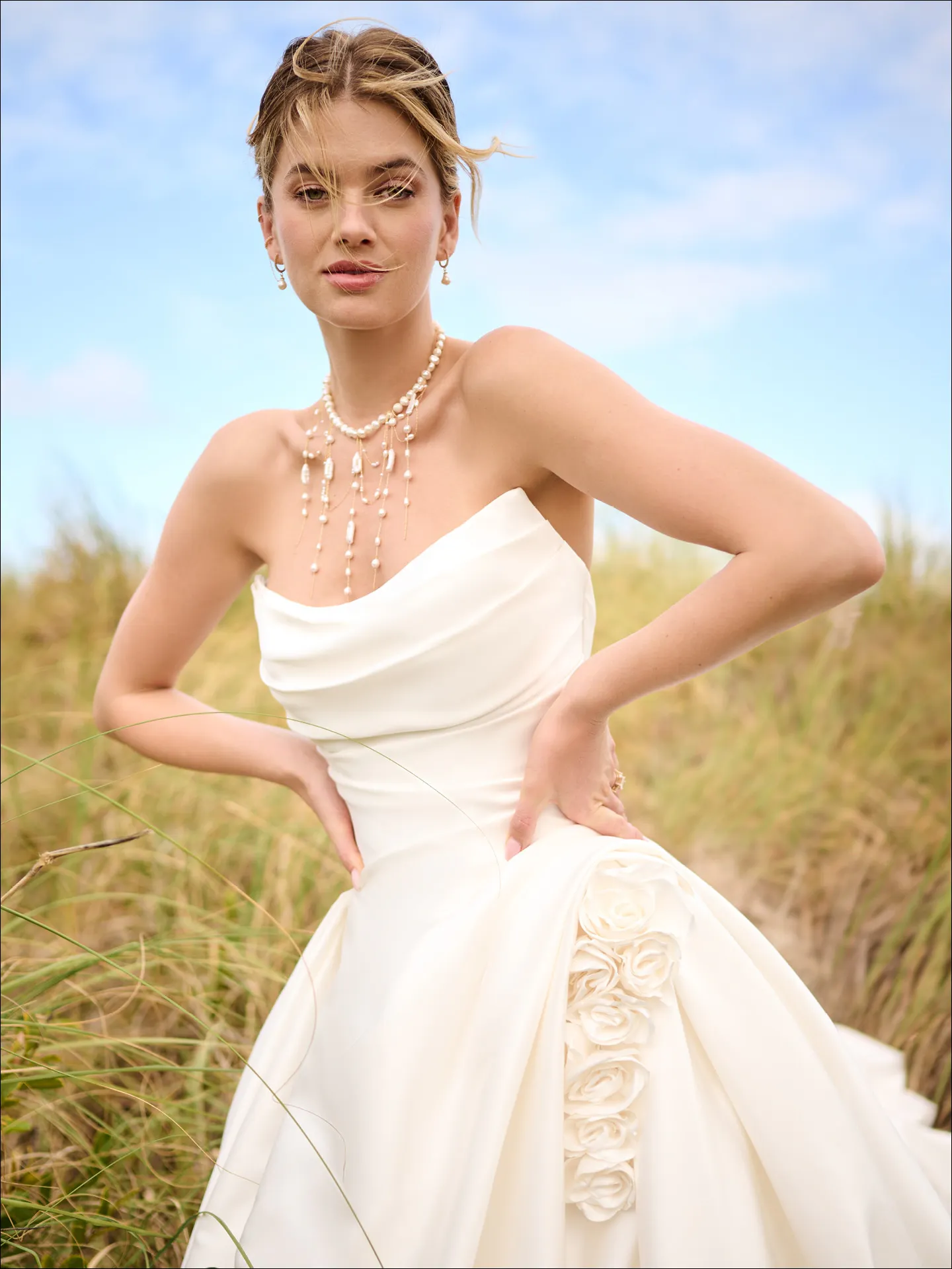 Maggie Sottero Antoinette floral ballgown front view in grassy field