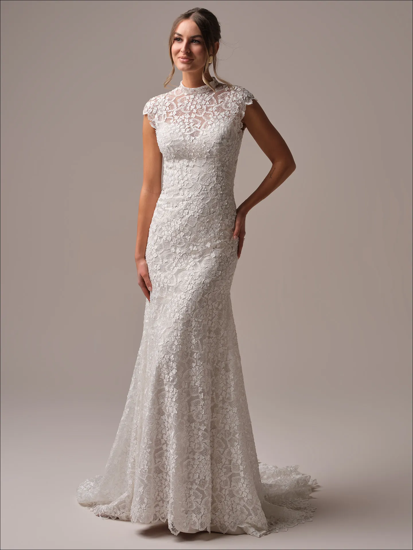Maggie Sottero Auburn lace sheath cap-sleeve dress front view