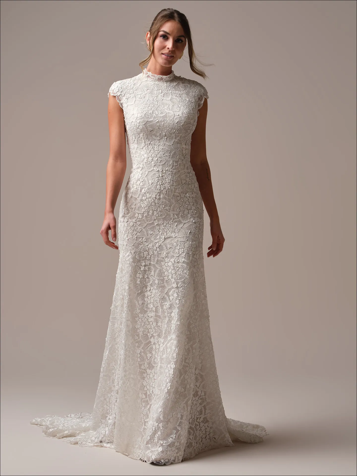 Maggie Sottero Auburn Leigh front view lace sheath cap-sleeve wedding dress