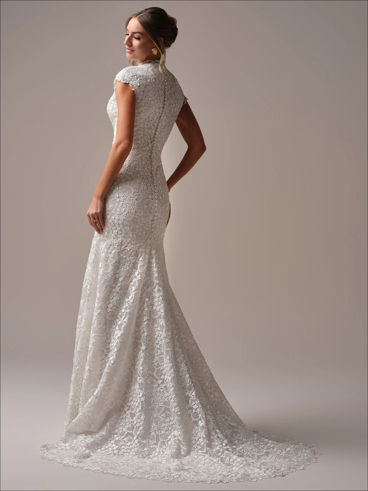 Auburn Leigh back view, modest lace sheath cap-sleeve wedding dress, Maggie Sottero