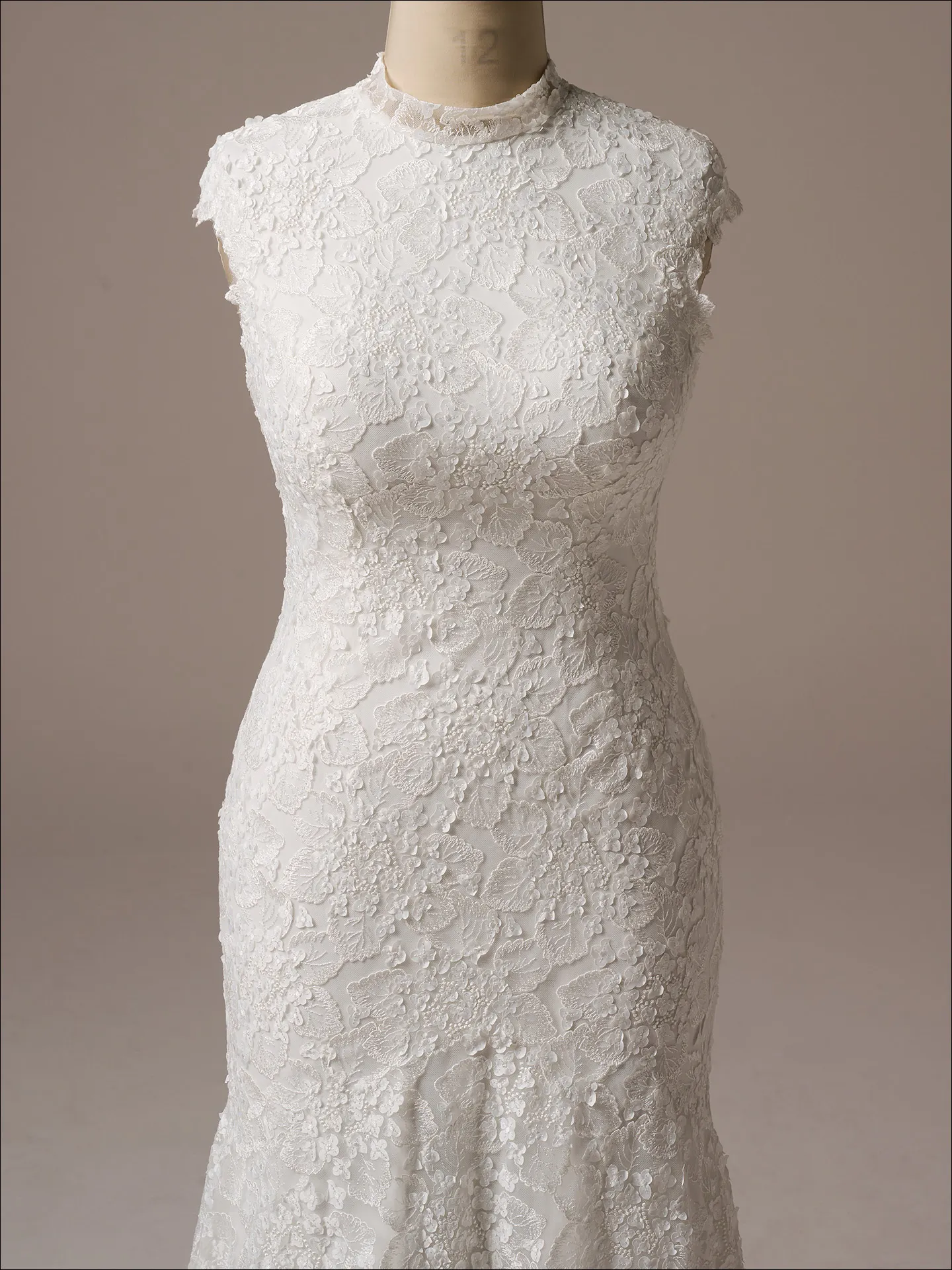 Maggie Sottero Auburn Leigh front view, modest lace sheath wedding dress