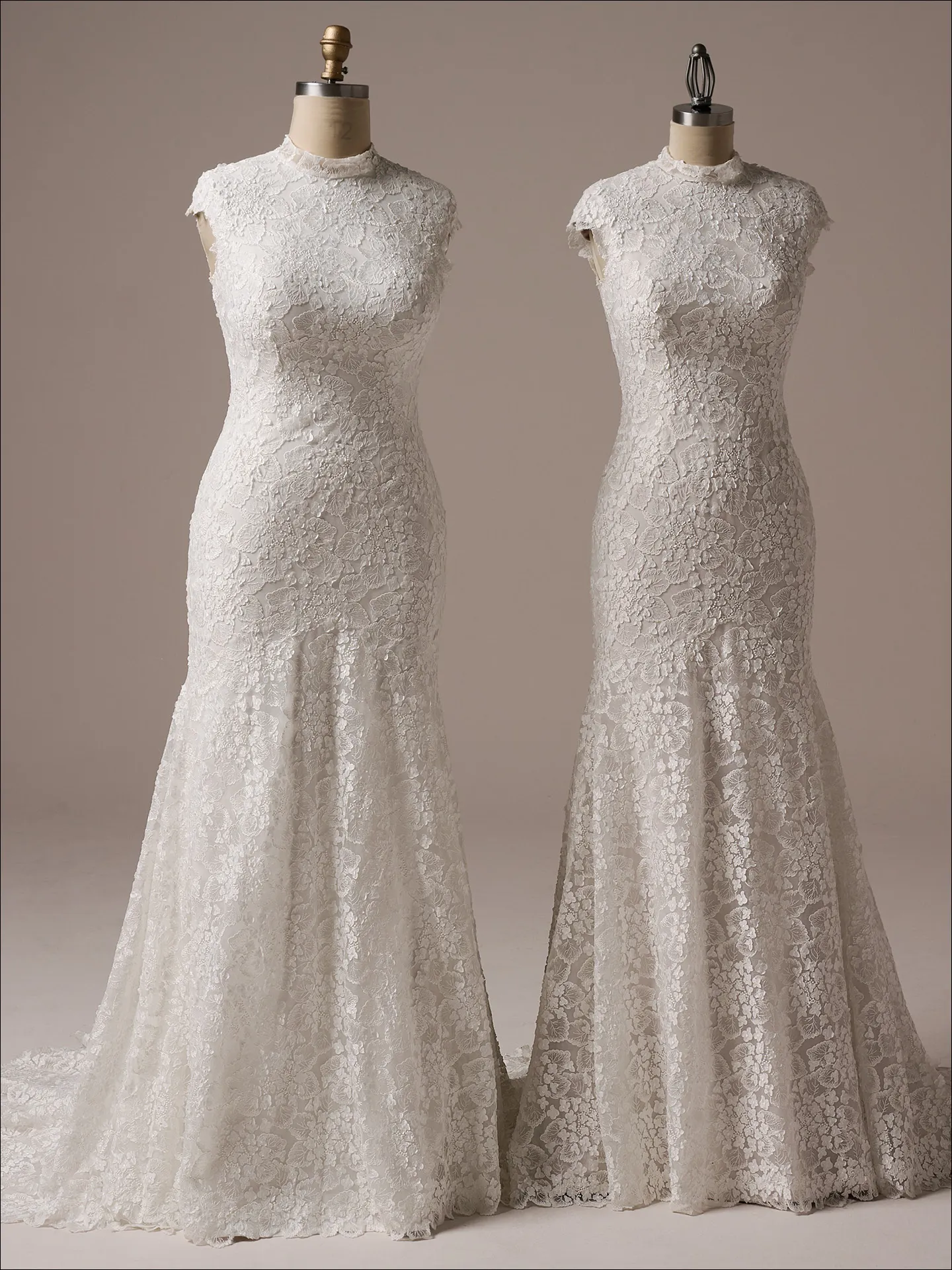 Auburn Leigh lace sheath cap-sleeve wedding dress front view on mannequins