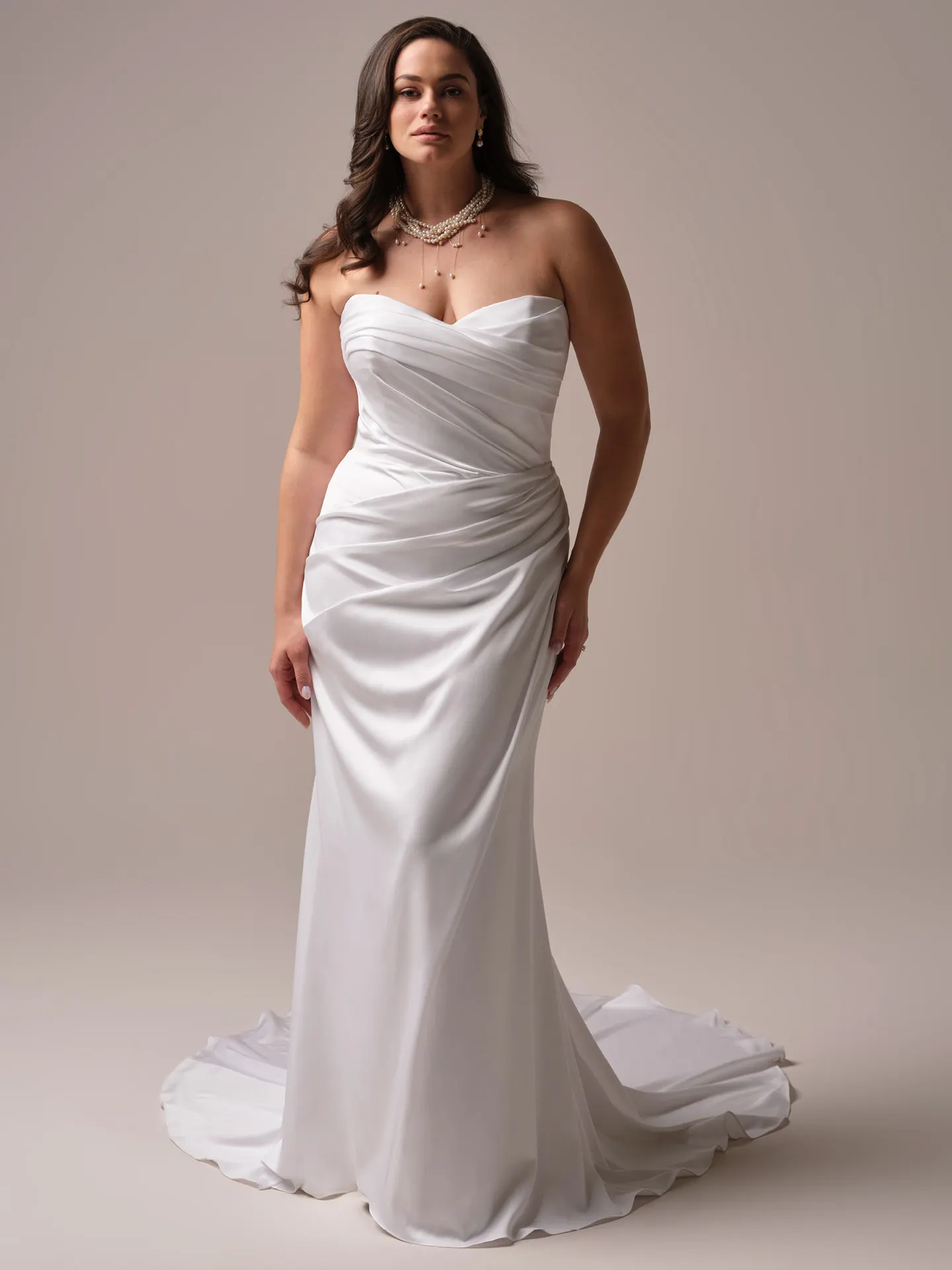 Maggie Sottero Barrington front view satin sheath bridal dress with ruched sweetheart neckline