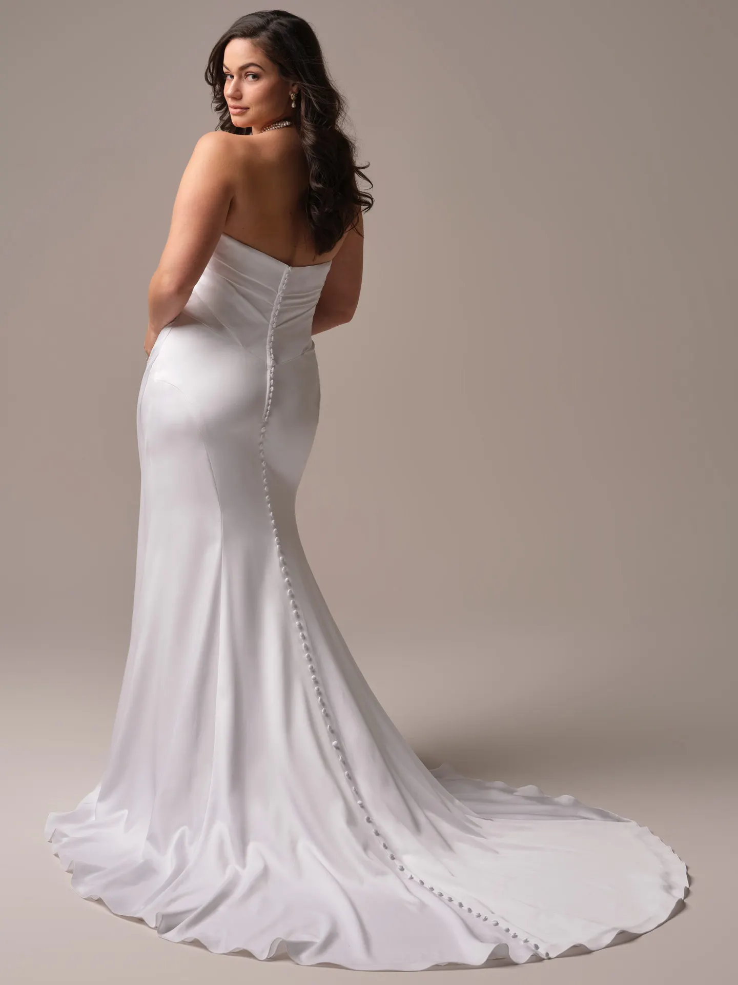 Maggie Sottero Barrington back view sheath satin wedding dress with buttons