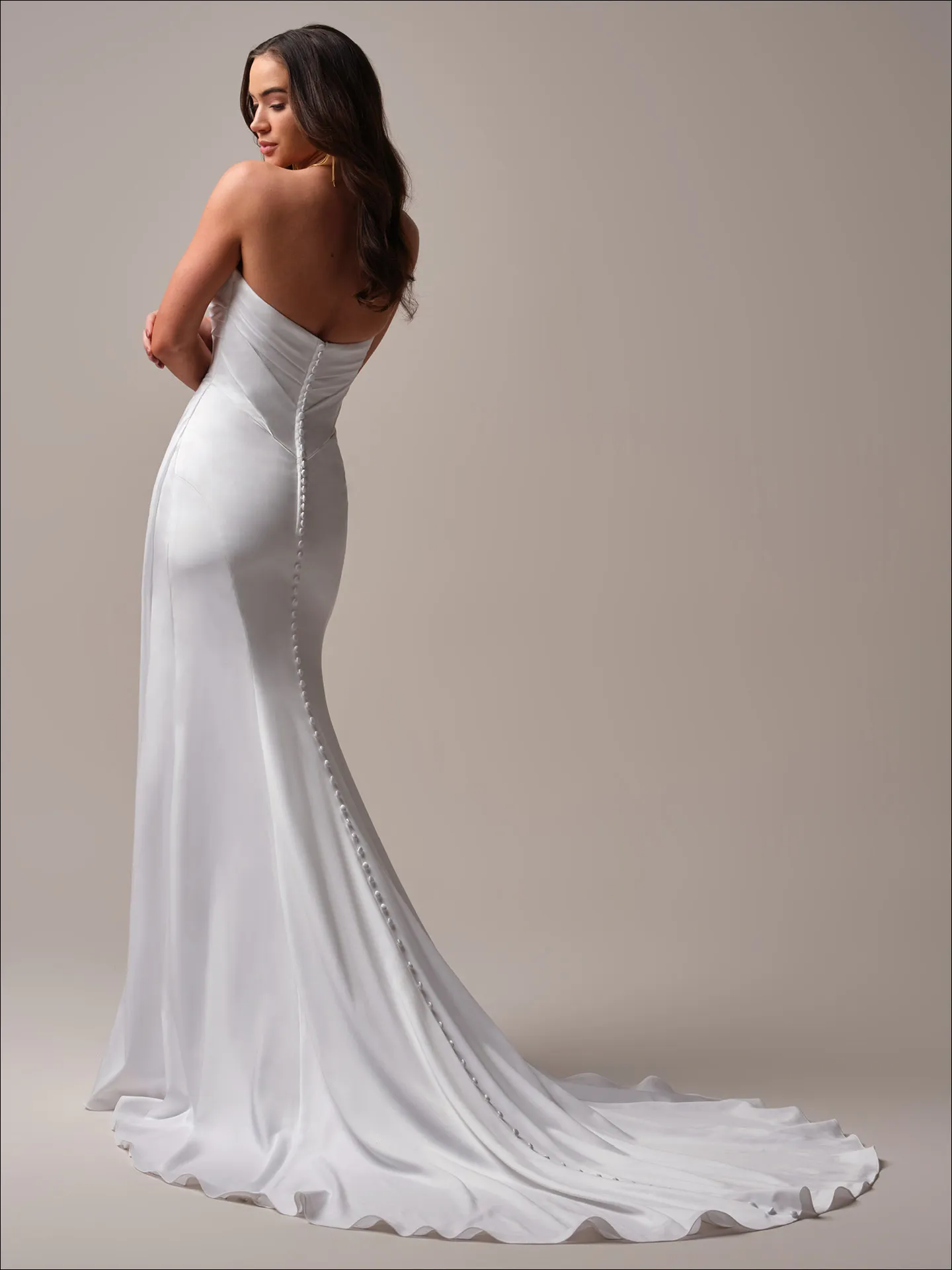 Maggie Sottero Barrington back view satin sheath bridal dress with ruched detailing