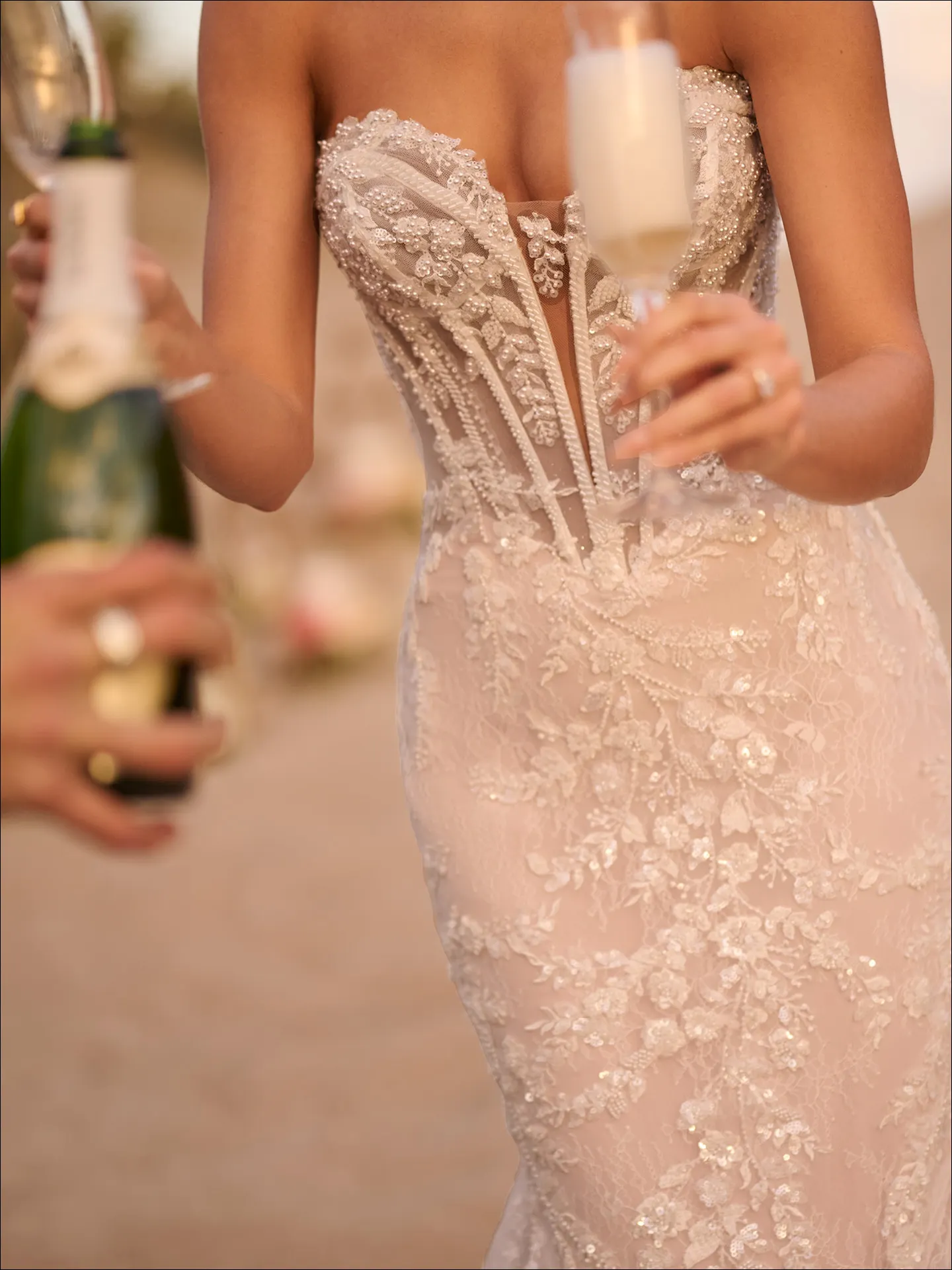 Benjie Royale shimmering beaded mermaid dress, close-up of bodice detail, Maggie Sottero