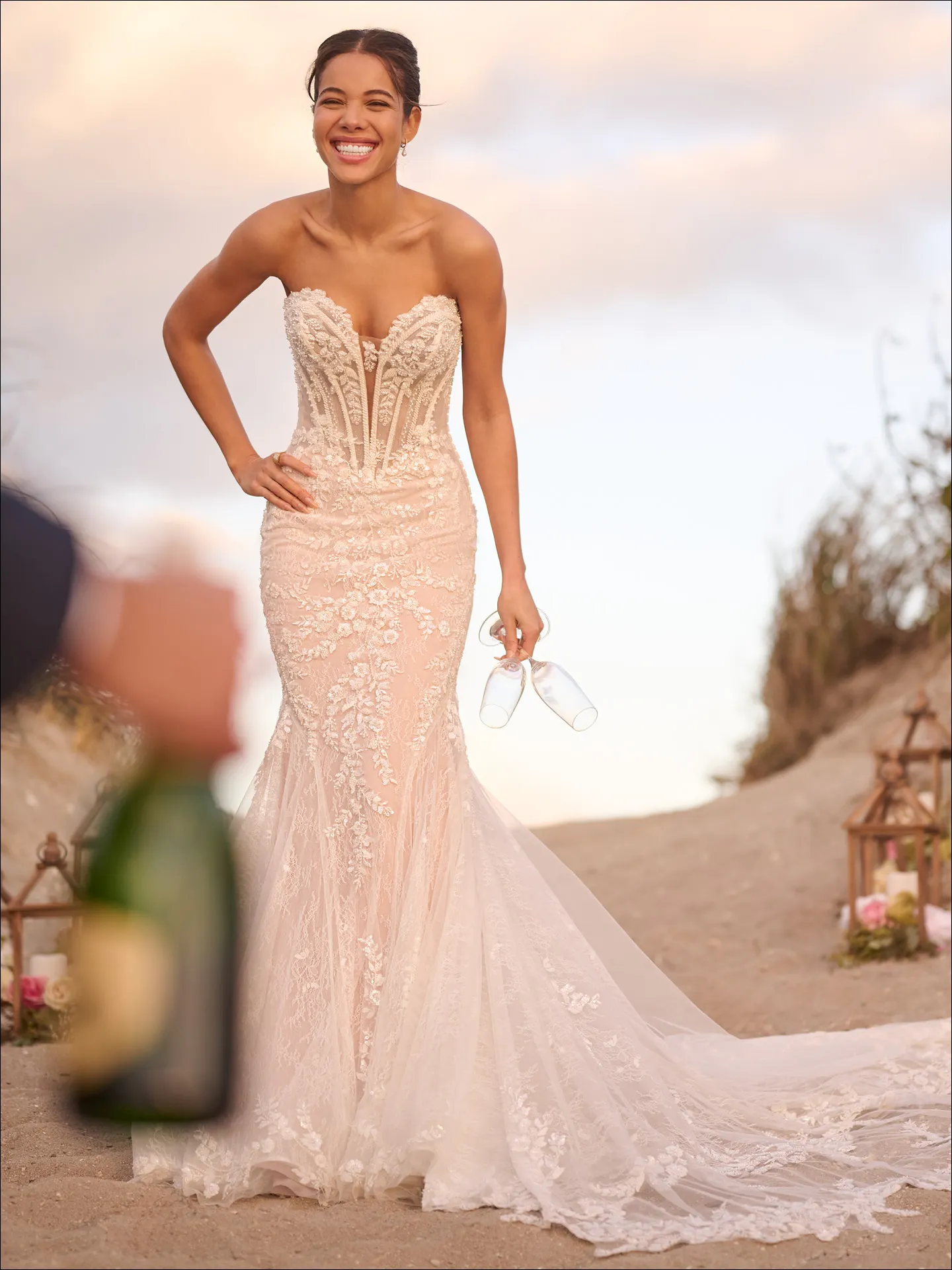 Maggie Sottero Benjie Royale front view, shimmering beaded mermaid wedding dress on beach path