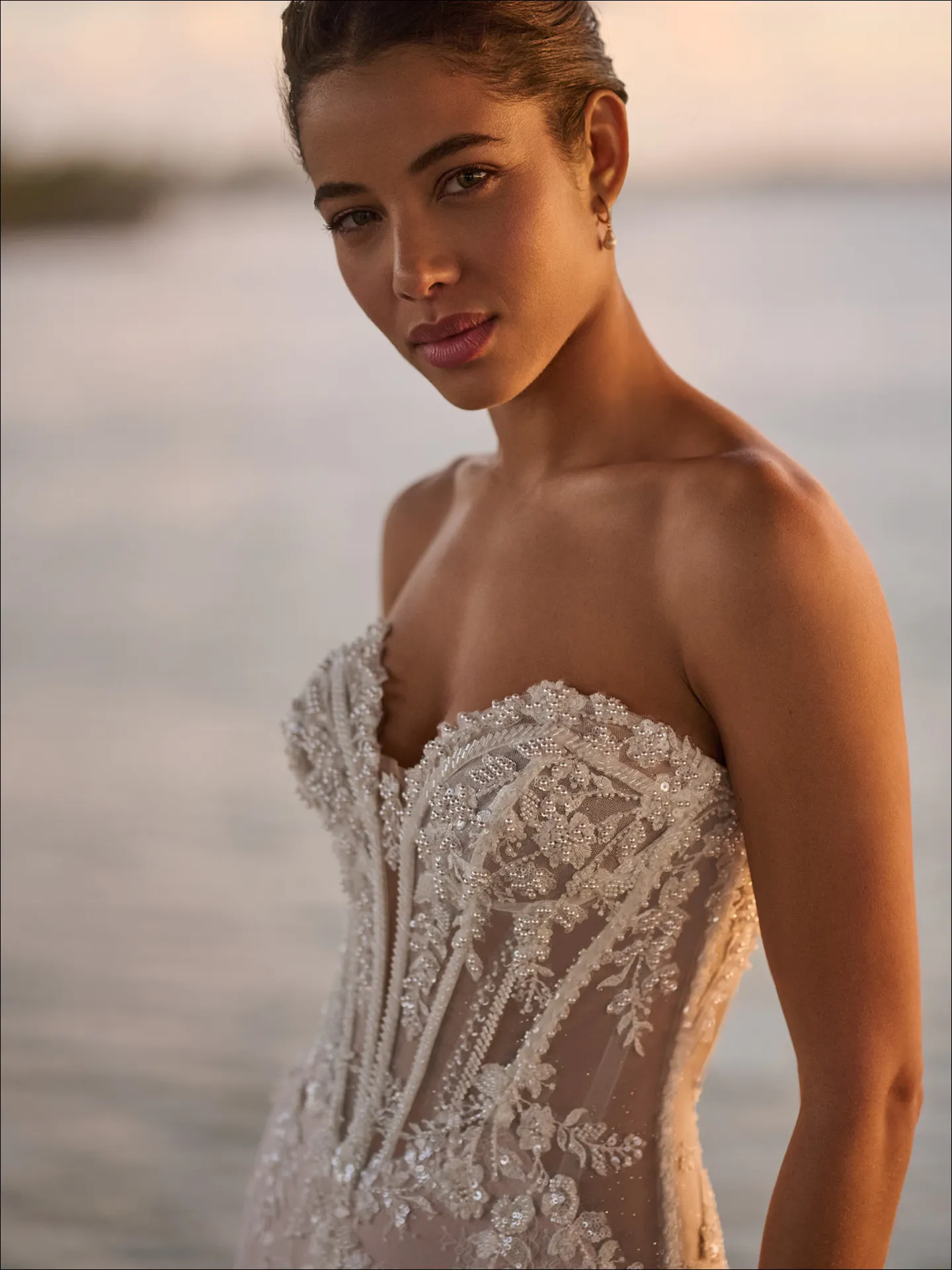 Maggie Sottero Benjie Royale front view, beaded mermaid wedding dress, outdoor setting