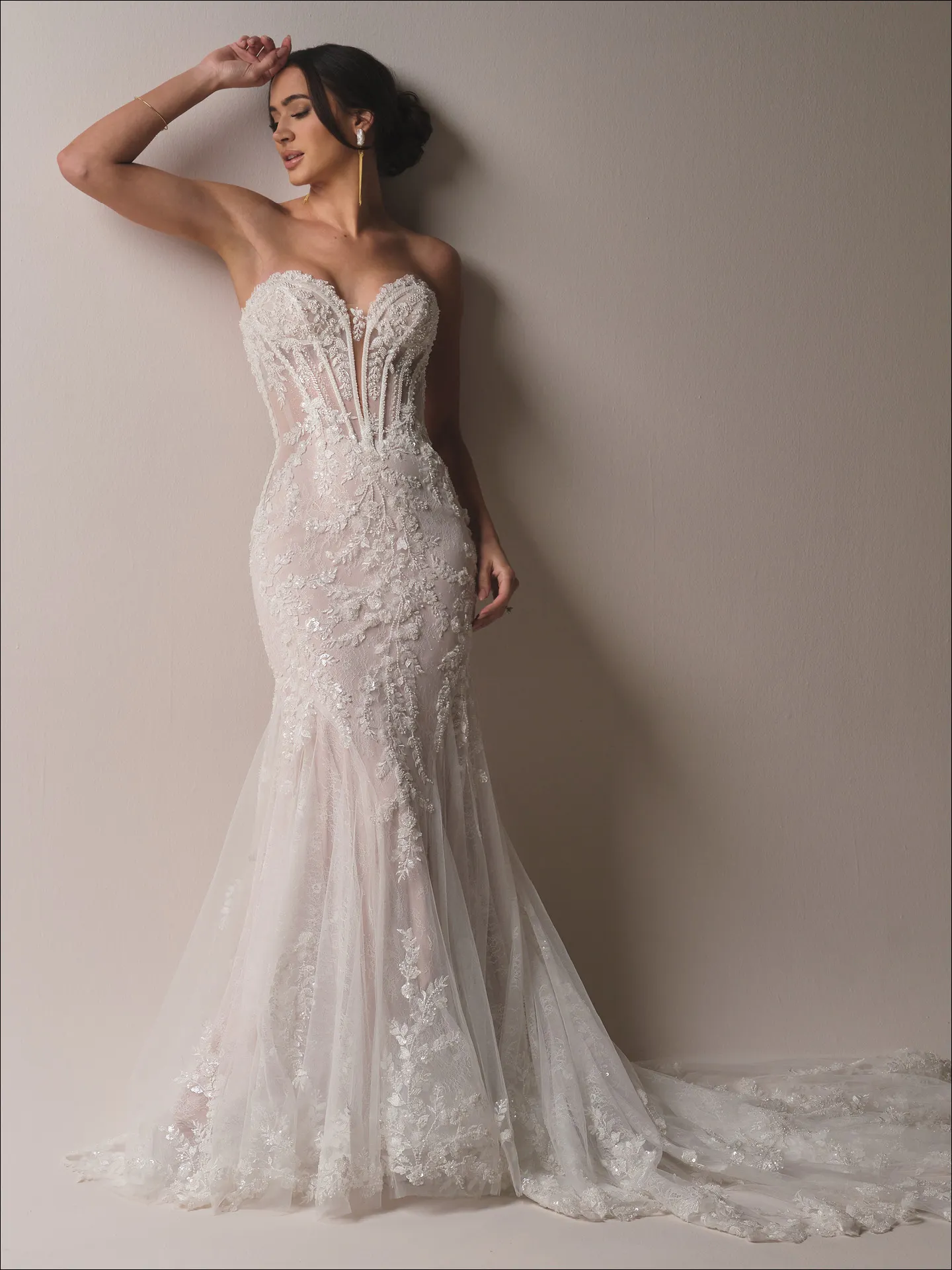 Maggie Sottero Benjie Royale front view, beaded mermaid wedding dress with floral lace