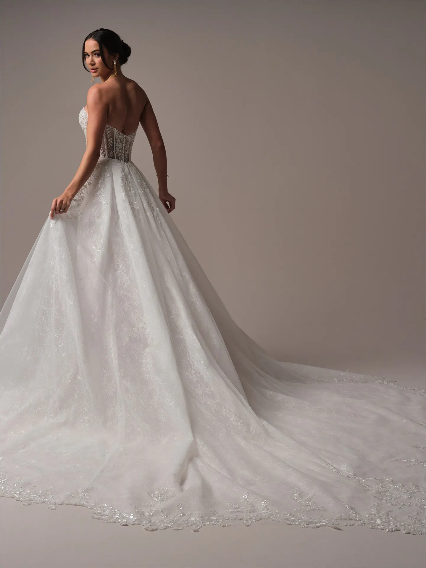 Maggie Sottero Benjie back view mermaid gown, shimmering beaded design, long train